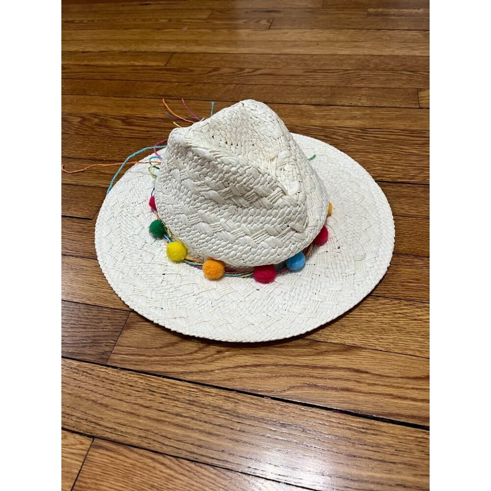 Betsey Johnson Straw Sun Hat Colorful Rainbow Trim One Size Cap Ivory EUC - Picture 6 of 11